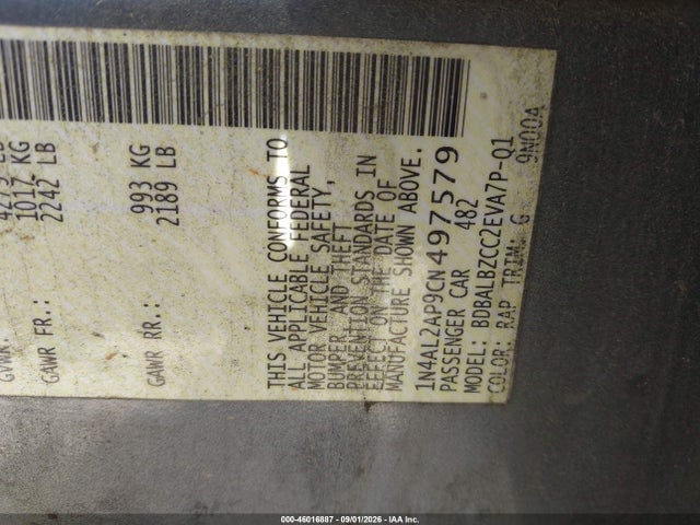 46016887 :رقم المزاد ، 1N4AL2AP9CN497579 vin ، 2012 Nissan Altima 2.5 S مزاد بيع