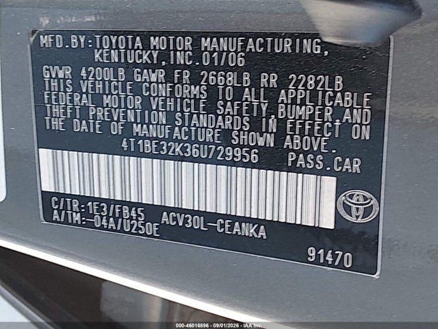 2006 Toyota Camry Le მანქანა იყიდება აუქციონზე, vin: 4T1BE32K36U729956, აუქციონის ნომერი: 46016896