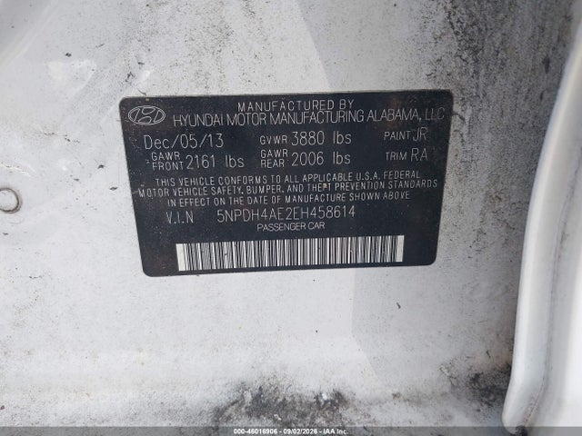 2014 Hyundai Elantra Limited მანქანა იყიდება აუქციონზე, vin: 5NPDH4AE2EH458614, აუქციონის ნომერი: 46016906