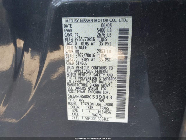 Auction sale of the 2008 Nissan Xterra X, vin: 5N1AN08W88C539843, lot number: 46016916