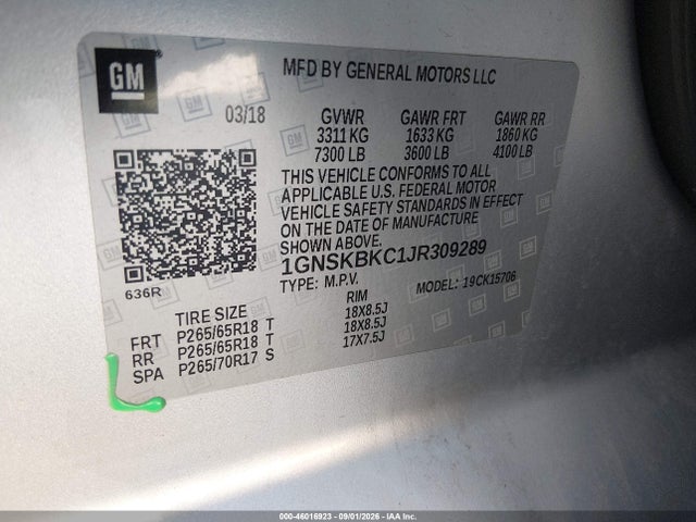 Продаж на аукціоні авто 2018 Chevrolet Tahoe Lt, vin: 1GNSKBKC1JR309289, номер лоту: 46016923