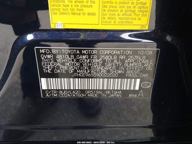 Aukcja sprzedaży 2009 Lexus Gs 350, vin: JTHCE96S590022020, numer aukcji: 46016925