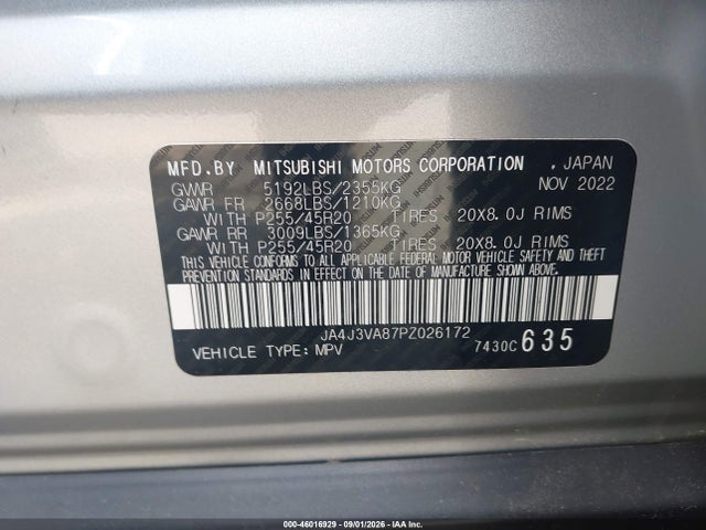 Продаж на аукціоні авто 2023 Mitsubishi Outlander Sel 2.5 2wd/sel Black Edition 2wd, vin: JA4J3VA87PZ026172, номер лоту: 46016929