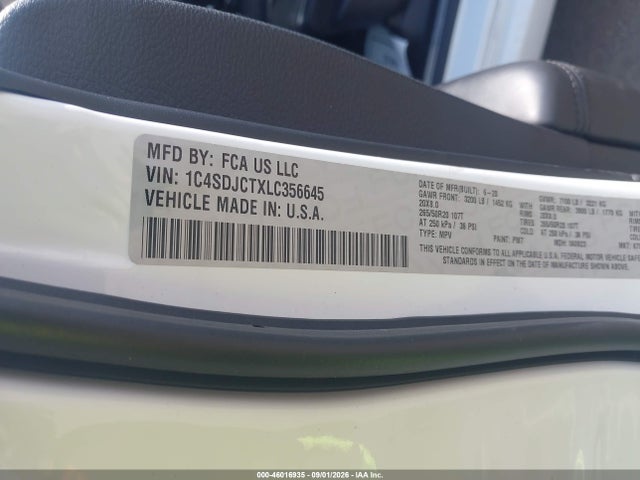 46016935 :رقم المزاد ، 1C4SDJCTXLC356645 vin ، 2020 Dodge Durango R/t Awd مزاد بيع
