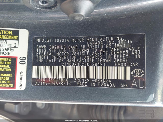 46016943 :رقم المزاد ، 2T1BURHE2GC538121 vin ، 2016 Toyota Corolla Le مزاد بيع