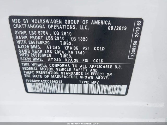 Aukcja sprzedaży 2019 Volkswagen Atlas 3.6l V6 Sel R-line, vin: 1V2SR2CA2KC596212, numer aukcji: 46016960