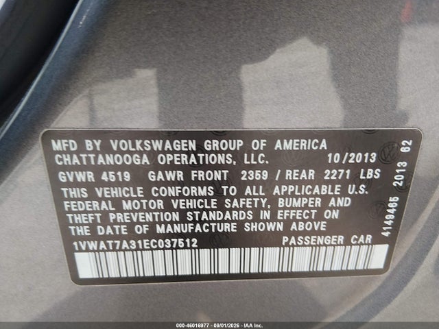 Aukcja sprzedaży 2014 Volkswagen Passat 1.8t Wolfsburg Edition, vin: 1VWAT7A31EC037512, numer aukcji: 46016977