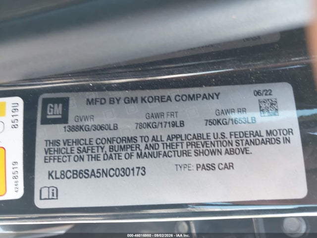 46016980 :رقم المزاد ، KL8CB6SA5NC030173 vin ، 2022 Chevrolet Spark Fwd Ls Automatic مزاد بيع