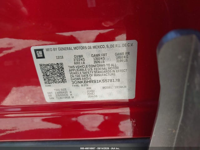 Aukcja sprzedaży 2019 Chevrolet Blazer, vin: 3GNKBHRS1KS578178, numer aukcji: 46016987