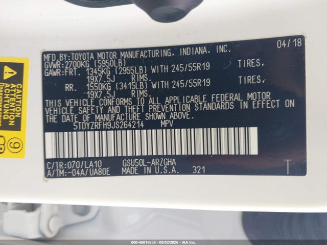 2018 Toyota Highlander Limited მანქანა იყიდება აუქციონზე, vin: 5TDYZRFH9JS264214, აუქციონის ნომერი: 46016988