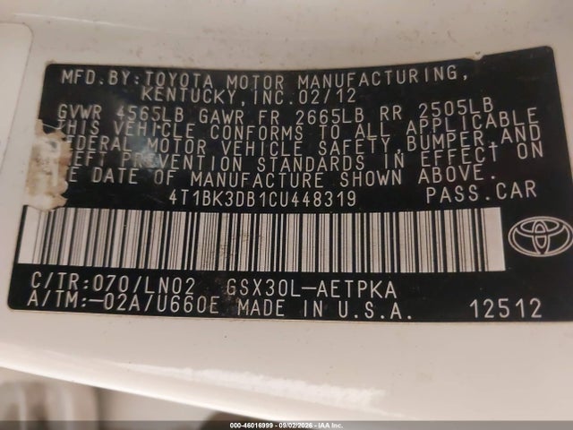 2012 Toyota Avalon Limited მანქანა იყიდება აუქციონზე, vin: 4T1BK3DB1CU448319, აუქციონის ნომერი: 46016999