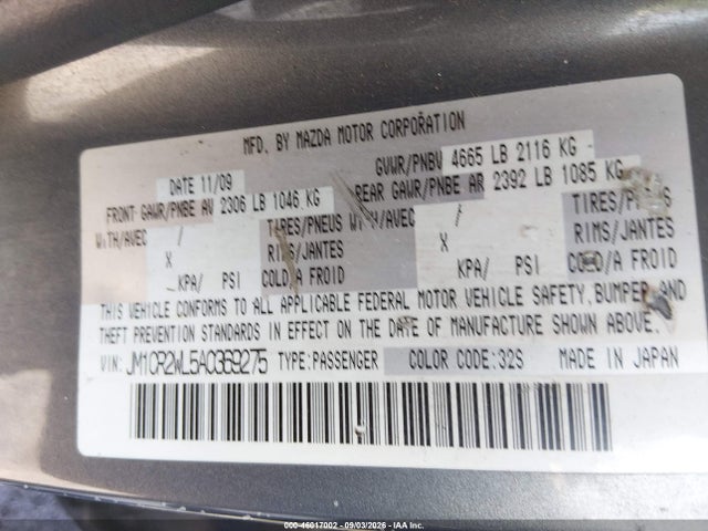 46017002 :رقم المزاد ، JM1CR2WL5A0369275 vin ، 2010 Mazda Mazda5 Sport مزاد بيع