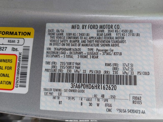 Aukcja sprzedaży 2017 Ford Fusion Se, vin: 3FA6P0HD6HR162620, numer aukcji: 46017016