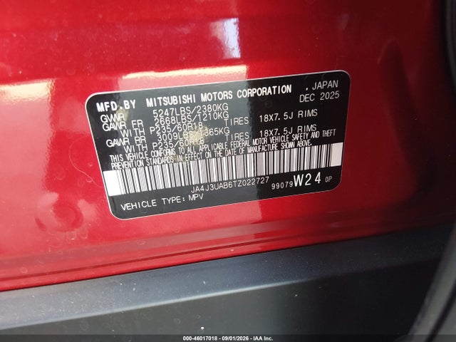 Продаж на аукціоні авто 2026 Mitsubishi Outlander Es 2.5 2wd, vin: JA4J3UAB6TZ022727, номер лоту: 46017018