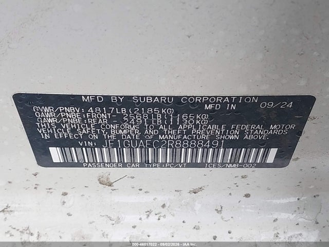 2024 Subaru Impreza Sport 5-door მანქანა იყიდება აუქციონზე, vin: JF1GUAFC2R8888491, აუქციონის ნომერი: 46017022