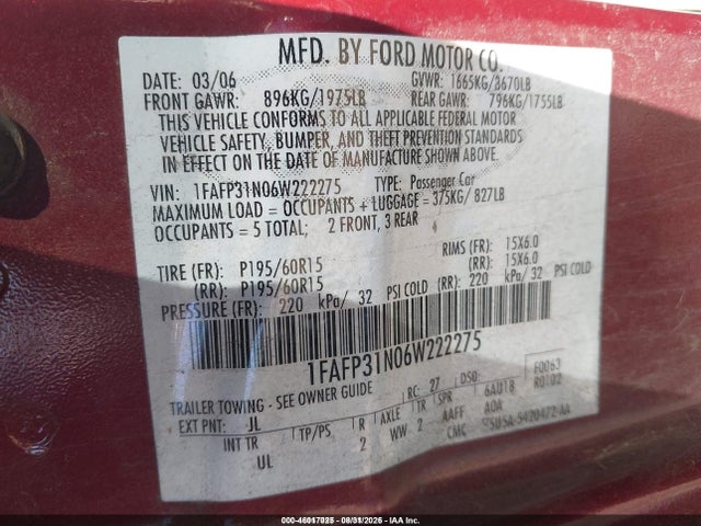 Продаж на аукціоні авто 2006 Ford Focus Zx3, vin: 1FAFP31N06W222275, номер лоту: 46017025