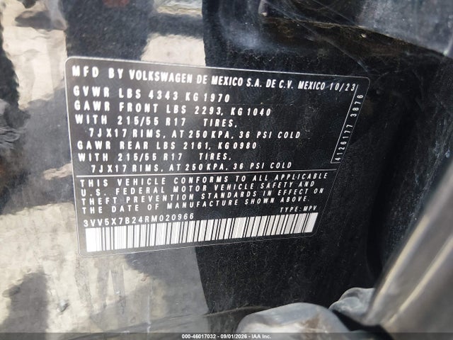 2024 Volkswagen Taos 1.5t S მანქანა იყიდება აუქციონზე, vin: 3VV5X7B24RM020966, აუქციონის ნომერი: 46017032