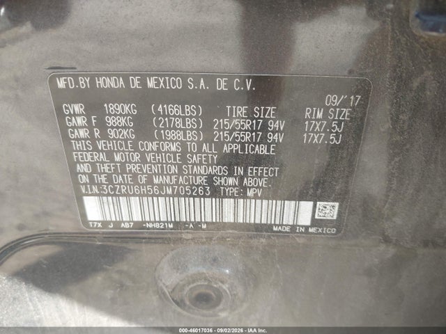 2018 Honda Hr-v Ex მანქანა იყიდება აუქციონზე, vin: 3CZRU6H56JM705263, აუქციონის ნომერი: 46017036