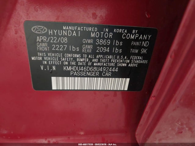 Продажа на аукционе авто 2008 Hyundai Elantra Gls/se, vin: KMHDU46D68U492444, номер лота: 46017039