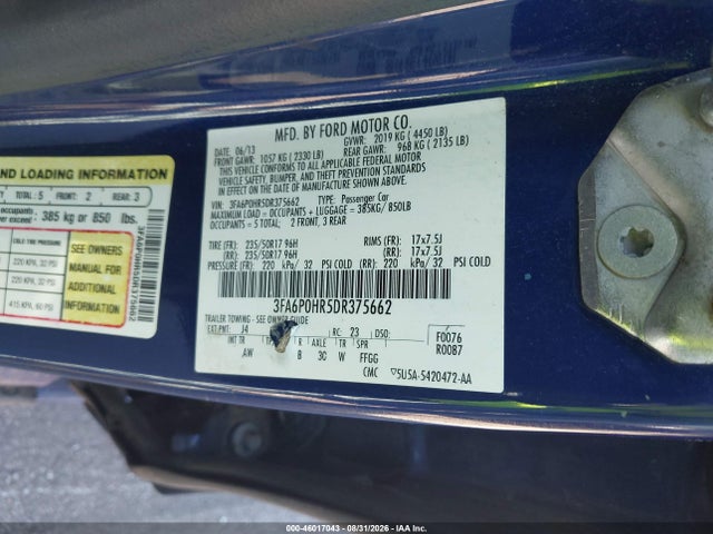 2013 Ford Fusion Se მანქანა იყიდება აუქციონზე, vin: 3FA6P0HR5DR375662, აუქციონის ნომერი: 46017043
