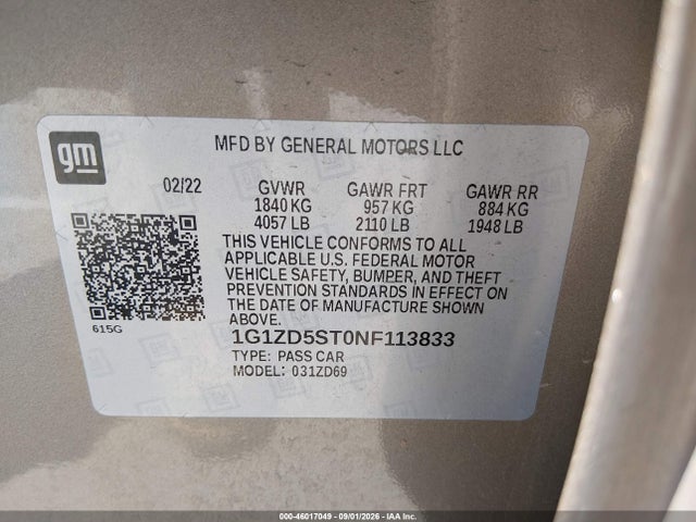 Продажа на аукционе авто 2022 Chevrolet Malibu Fwd Lt, vin: 1G1ZD5ST0NF113833, номер лота: 46017049