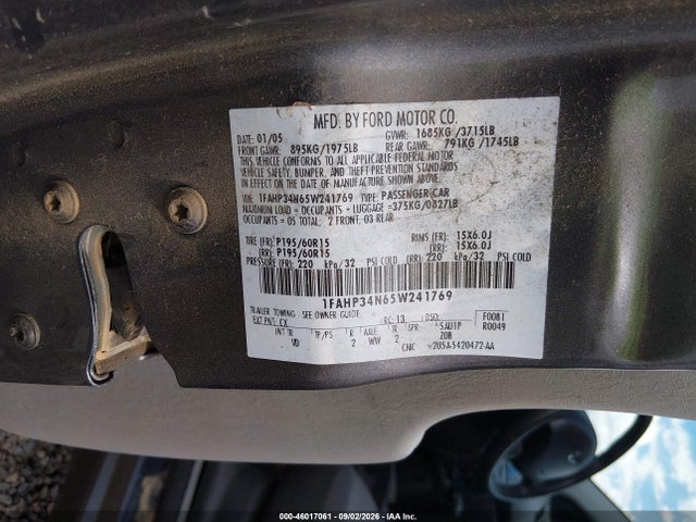 Продажа на аукционе авто 2005 Ford Focus Zx4, vin: 1FAHP34N65W241769, номер лота: 46017061