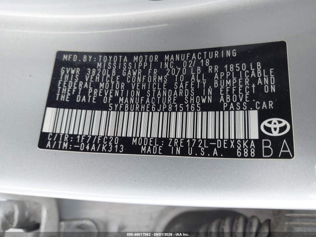 46017062 :رقم المزاد ، 5YFBURHE6JP815165 vin ، 2018 Toyota Corolla Se مزاد بيع