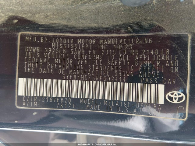 46017072 :رقم المزاد ، 5YFB4MDE5RP092414 vin ، 2024 Toyota Corolla Le مزاد بيع