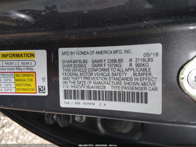 2018 Honda Accord Sport მანქანა იყიდება აუქციონზე, vin: 1HGCV1F38JA168228, აუქციონის ნომერი: 46017074