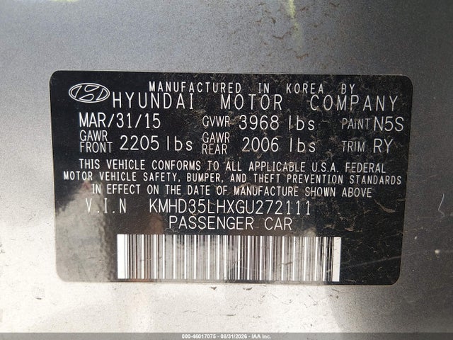 2016 Hyundai Elantra Gt მანქანა იყიდება აუქციონზე, vin: KMHD35LHXGU272111, აუქციონის ნომერი: 46017075