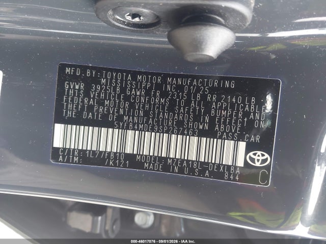 2025 Toyota Corolla Le მანქანა იყიდება აუქციონზე, vin: 5YFB4MDE9SP267463, აუქციონის ნომერი: 46017076
