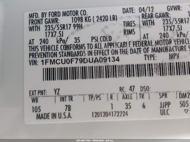 Продажа на аукционе авто 2013 Ford Escape S, vin: 1FMCU0F79DUA09134, номер лота: 46017083