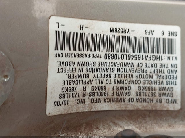 Продаж на аукціоні авто 2006 Honda Civic Lx, vin: 1HGFA16546L010880, номер лоту: 46017085