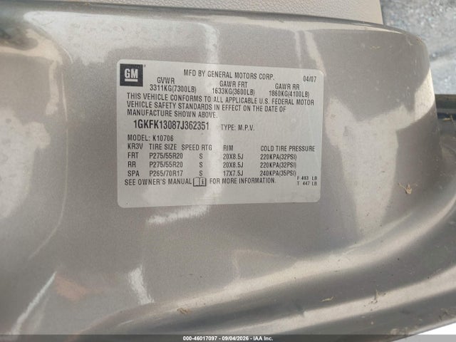 Продаж на аукціоні авто 2007 Gmc Yukon Slt, vin: 1GKFK13087J362351, номер лоту: 46017097