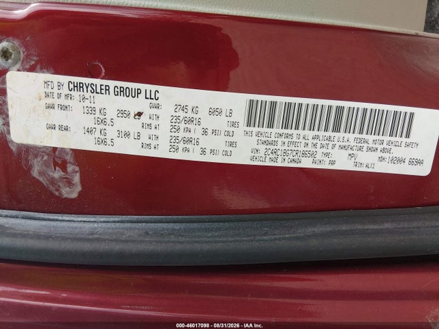 Продаж на аукціоні авто 2012 Chrysler Town & Country Touring, vin: 2C4RC1BG7CR186502, номер лоту: 46017098