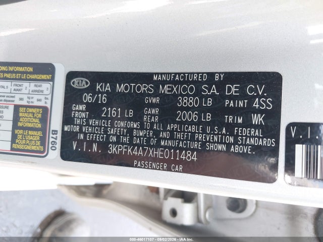 46017107 :رقم المزاد ، 3KPFK4A7XHE011484 vin ، 2017 Kia Forte Lx مزاد بيع