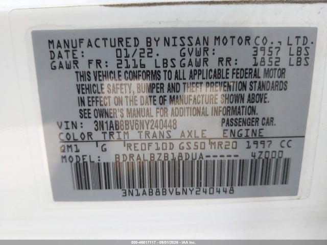 Продажа на аукционе авто 2022 Nissan Sentra S Xtronic Cvt, vin: 3N1AB8BV6NY240448, номер лота: 46017117