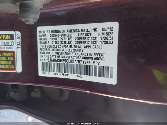2012 Honda Cr-v Ex მანქანა იყიდება აუქციონზე, vin: 5J6RM3H59CL027787, აუქციონის ნომერი: 46017125