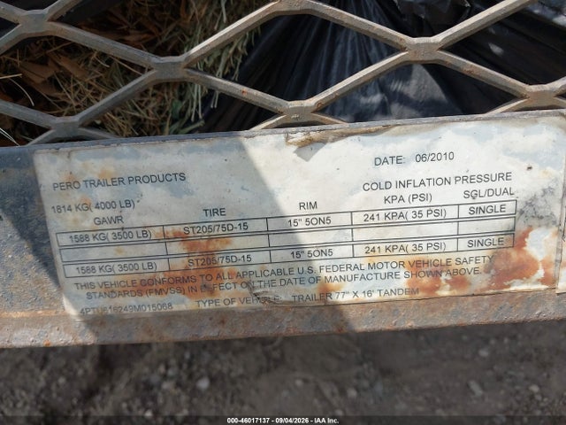 46017137 :رقم المزاد ، 4PTU616249M015068 vin ، 2010 Pero Trailer Mfg Utility Trailer مزاد بيع