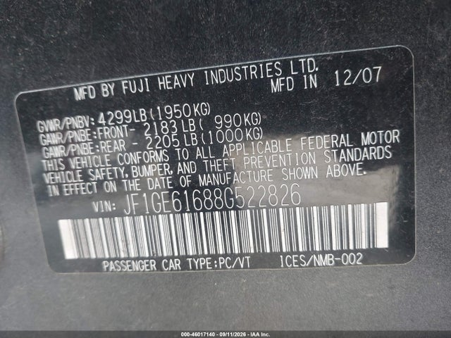 2008 Subaru Impreza მანქანა იყიდება აუქციონზე, vin: JF1GE61688G522826, აუქციონის ნომერი: 46017140
