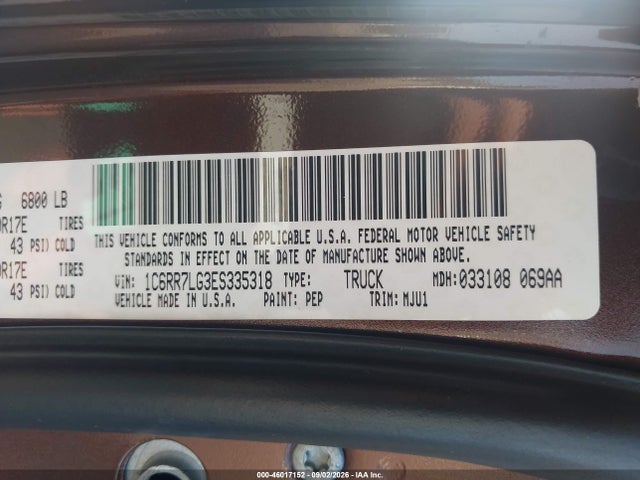 46017152 :رقم المزاد ، 1C6RR7LG3ES335318 vin ، 2014 Ram 1500 Outdoorsman مزاد بيع