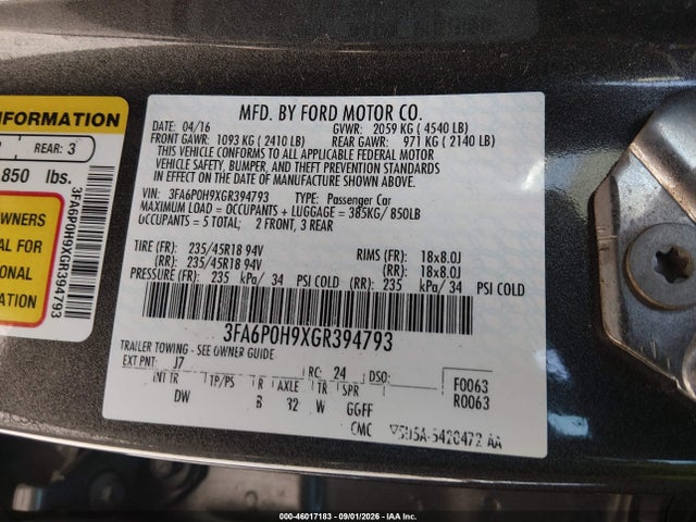 Aukcja sprzedaży 2016 Ford Fusion Se, vin: 3FA6P0H9XGR394793, numer aukcji: 46017183