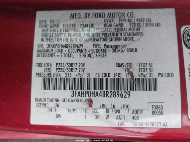 46017187 :رقم المزاد ، 3FAHP0HA4BR289629 vin ، 2011 Ford Fusion Se مزاد بيع