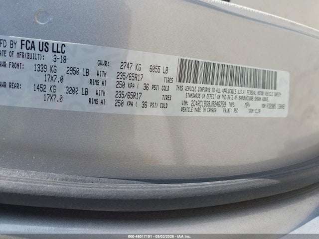 Продаж на аукціоні авто 2018 Chrysler Pacifica Touring L, vin: 2C4RC1BG9JR246759, номер лоту: 46017191