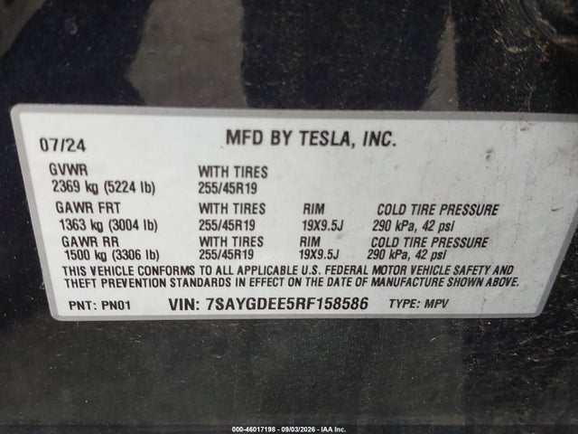 Продажа на аукционе авто 2024 Tesla Model Y Long Range Dual Motor All-wheel Drive, vin: 7SAYGDEE5RF158586, номер лота: 46017198