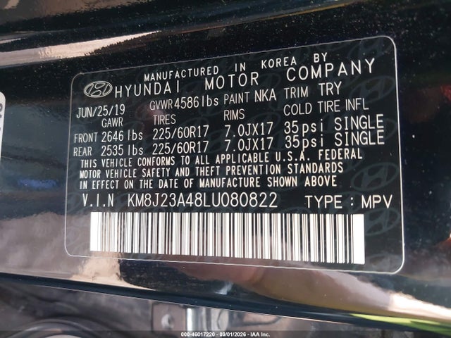 46017220 :رقم المزاد ، KM8J23A48LU080822 vin ، 2020 Hyundai Tucson Se مزاد بيع