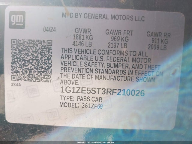 46017233 :رقم المزاد ، 1G1ZE5ST3RF210026 vin ، 2024 Chevrolet Malibu Fwd 2lt مزاد بيع