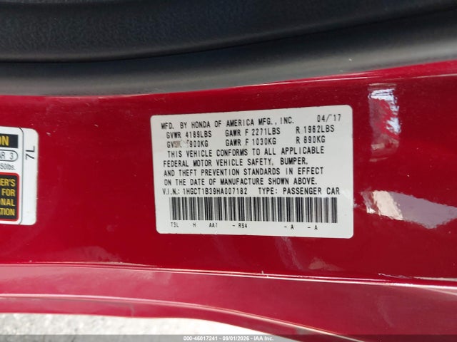 Aukcja sprzedaży 2017 Honda Accord Lx-s, vin: 1HGCT1B39HA007182, numer aukcji: 46017241