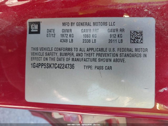 46017250 :رقم المزاد ، 1G4PP5SK7C4224736 vin ، 2012 Buick Verano مزاد بيع
