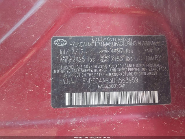 Aukcja sprzedaży 2013 Hyundai Sonata Se 2.0t, vin: 5NPEC4AB3DH563959, numer aukcji: 46017255